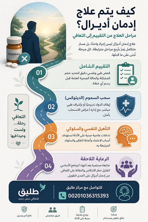 علاج إدمان أديرال (Adderall): الدليل الطبي الشامل من التشخيص إلى التعافي 1 كيف يتم علاج إدمان أديرال؟ مراحل العلاج من التقييم إلى التعافي