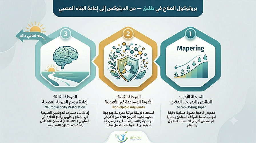 إدمان السوبوتكس (Subutex): الدليل الطبي الشامل للتشخيص والعلاج والتعافي 2 إنفوجرافيك بروتوكول العلاج في مركز طليق من الديتوكس إلى إعادة البناء العصبي