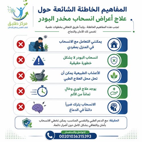 أعراض انسحاب مخدر البودر: الدليل الطبي الكامل من البداية إلى العلاج 2 المفاهيم الخاطئة الشائعة حول علاج أعراض انسحاب مخدر البودر