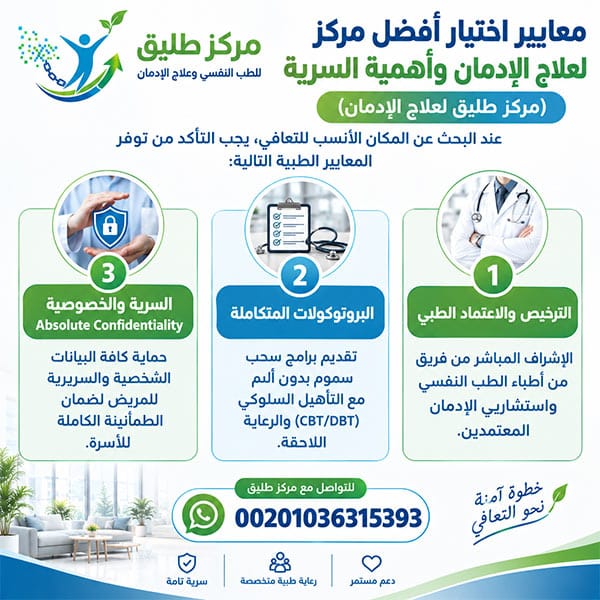 علاج ادمان المخدرات بسرية (اضطراب تعاطي المواد) الأسباب، الأعراض، ومراحل التعافي الشامل 3 معايير اختيار أفضل مركز لعلاج الإدمان وأهمية السرية (مركز طليق لعلاج الإدمان)