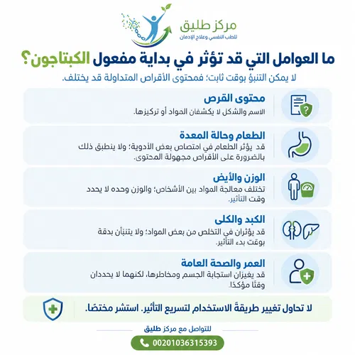 متى يبدأ مفعول الكبتاجون؟ الدليل الطبي الشامل للتأثير ومدة بقائه وسبل التعافي 7 ما العوامل التي تسرّع أو تبطئ بداية مفعول الكبتاجون؟